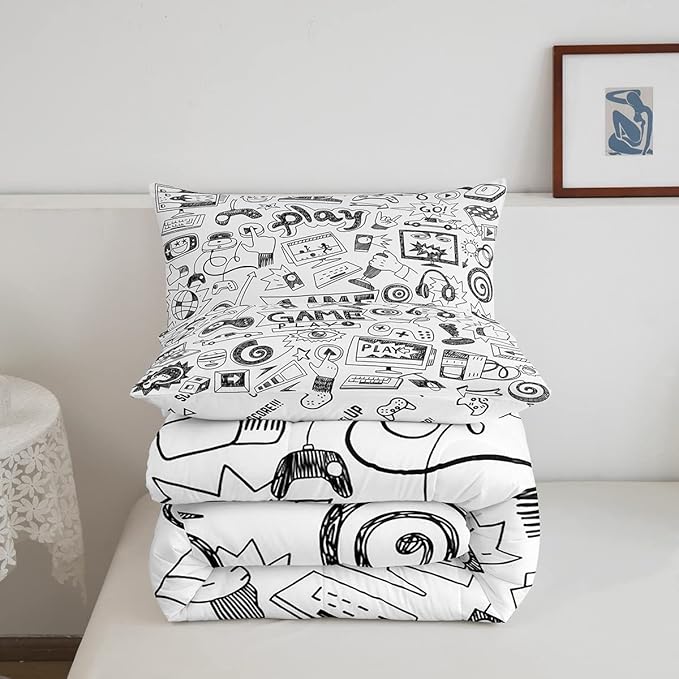 Erosebridal Gaming Comforter Set, Kids Gamepad Cartoon Bedding Set Full,Video Games Gamers Duvet Set Hip Hop Graffiti Quilt Set Racing Car Comforter Set, Black White Printed Bedroom Decor