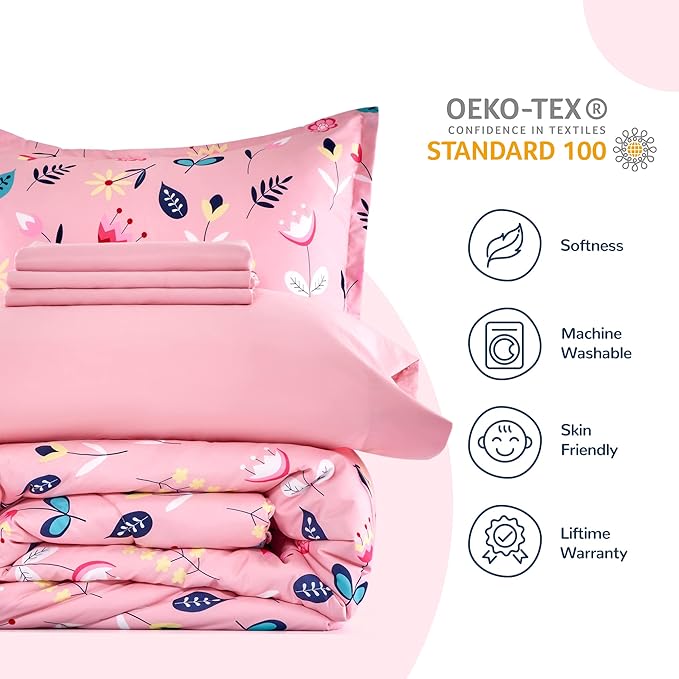 SLEEP ZONE Kids Twin Bedding Comforter Set - Super Cute & Soft Kids Bedding 5 Pieces Set with Comforter, Sheet, Pillowcase & Sham (Pink Flower)