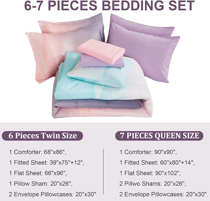 Dinjoy Reversible Girls Comforter Set Full Size Colorful Ombre Blue Pink Purple Rainbow Bedding Set 7 Pieces Bed in A Bag for Kids Teen Girls Women(1 Comforter, 1 Flat Sheet, 1 Fitted Sheet)