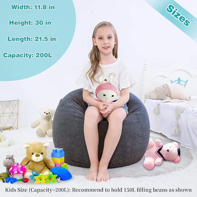 Stuffed Animal Storage Bean Bag Chair Cover (No Filler) for Kids and Adults.Soft Premium Corduroy Stuffable Beanbag for Organizing Children Plush Toys or Memory Foam Small 100L (Dark Grey)