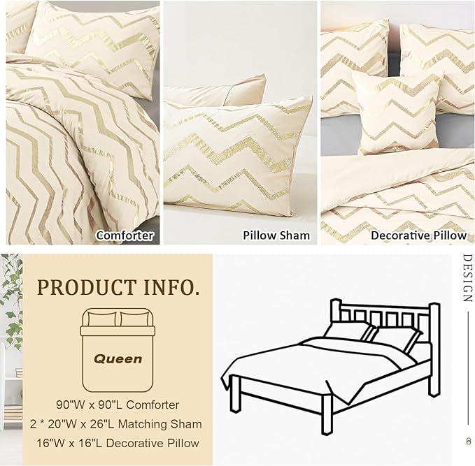 Cream Comforter Set Queen Size Metallic Gold Bedding Set All Season Lightweight Microfiber Comforter for Girls, 4 Piece (2 Pillow Shams + 1 Decorative Pillow Sham)