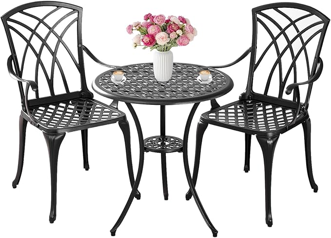 Bistro Set 3 Piece Outdoor,Cast Aluminum Outdoor Bistro Set,All Weather Bistro Table and Chairs Set of 2 with 1.97" Umbrella Hole,Patio Bistro Sets for Garden(Woven Black)