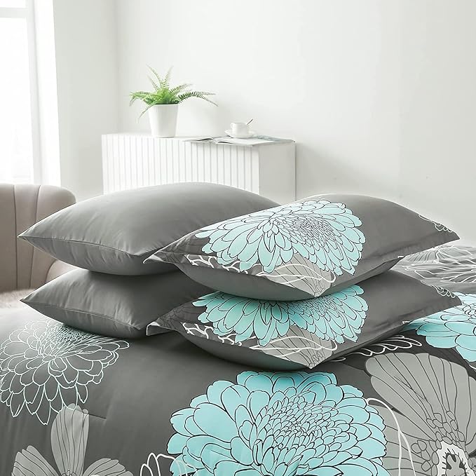 Yiran 7 Pieces Bed in a Bag Floral Comforter Set Green Flowers Bedding Set Soft Microfiber King Comforter Sets with 1 Comforter 1 Flat Sheet 1 Fitted Sheet 2 Pillowshams and 2 Pillowcases