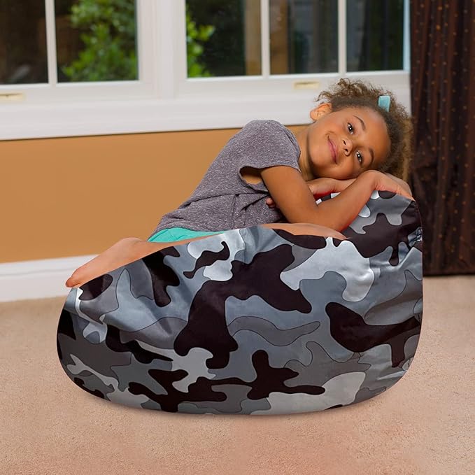 Posh Creations Bean Bag Chair for Kids, Teens, and Adults Includes Removable and Machine Washable Cover, Soft Nylon - Camo Gray and White, 27in - Medium