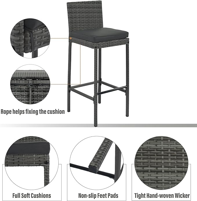 Outdoor Dining Set for 4, Rattan Patio Table with Acacia TableTop, Bar-Height Chairs, Fixed Rope, Removable Cushion, Garden Furniture, Onesize, Brown Wood+Gray Wicker