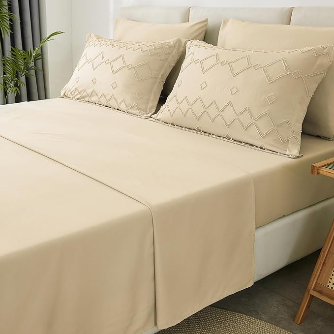 EMME Queen Comforter Set - 7 Pcs Beige Boho Bedding Sets, Full Size Tufted Comforter with Sheets, Shabby Chic Embroidery Queen Bed Set Fluffy Bed Bag for All Season(90"X90")