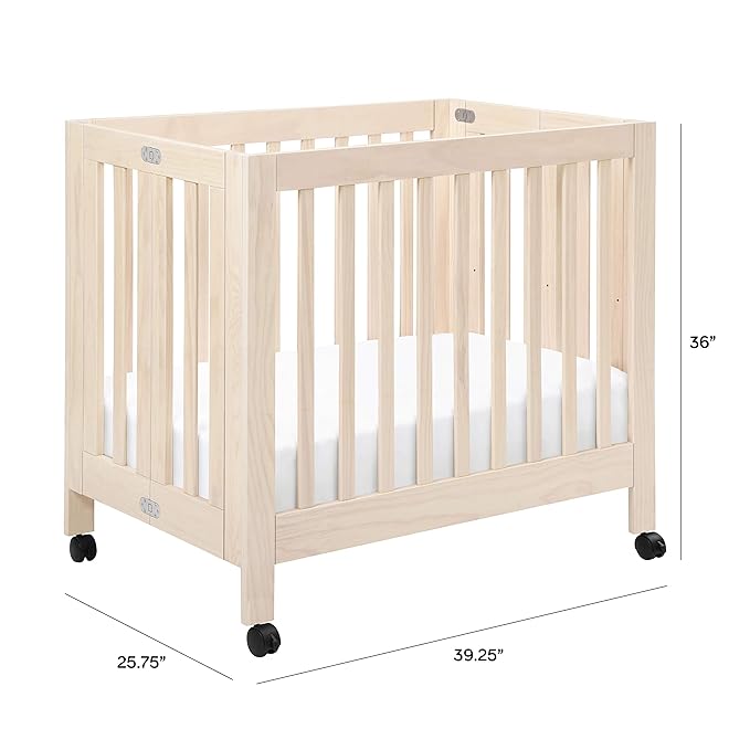 Babyletto Origami Mini Portable Crib Folding with Wheels in Washed Natural, 2 Adjustable Mattress Positions, Greenguard Gold Certified