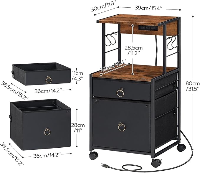 HOOBRO 2-Drawer File Cabinet, Filing Cabinet with Charging Station, Vertical Office Cabinet with Open Storage Shelf, Printer Stand, A4/Letter Size, Nonwovens Drawer, Rustic Brown and Black BFK23UWJ01