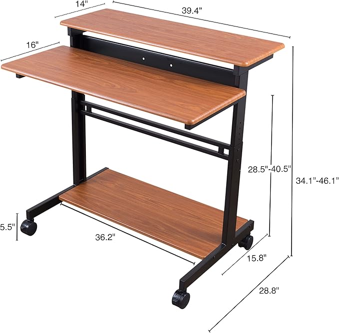 Stand Up Desk Store Rolling Adjustable Height Two Tier Standing Desk Computer Workstation (Black Frame/Teak Top, 40" Wide)