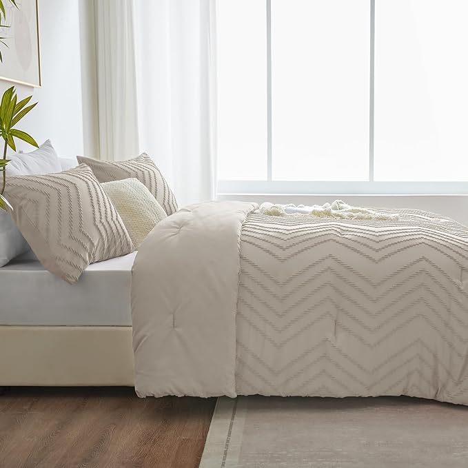 CozyLux Full Size Comforter Set Beige - 3 Pieces Boho Tufted Shabby Chic Bedding Comforter Set for All Seasons, Chevron Bedding Sets with Comforter & 2 Pillow Shams