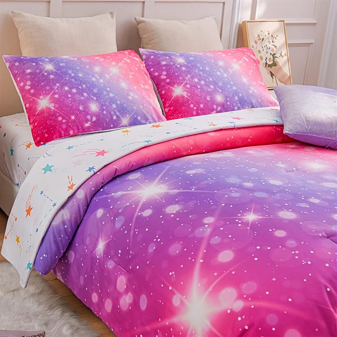 A Nice Night 6Pcs Gradient Glitter Bedding Set for Girls, Colorful Rainbow Galaxy Comforter Set, Ultra Soft Bedding Sets (Pink-Purple,Twin 6Pcs)