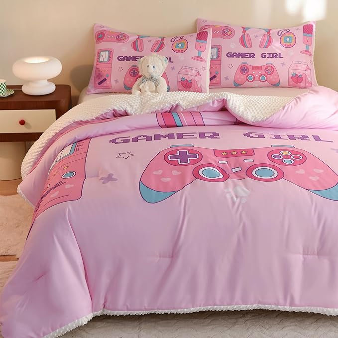 Video Game Twin Size Comforter Set for Girls Kids Teens 3D Gaming Controller Pattern Gamepad Print Bedding Set- 3 Piece Pink Quilt with 2 Pillowcases (68"x90")