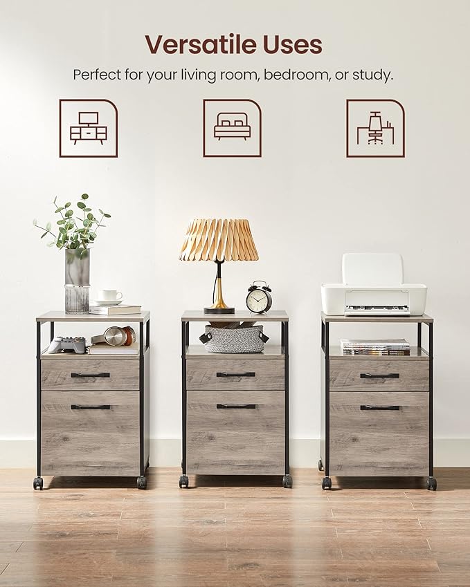 VASAGLE File Cabinet, Mobile Filing Cabinet with Wheels, 2 Drawers, Open Shelf, for A4, Letter Size, Hanging File Folders, Heather Greige and Ink Black UOFC071B02