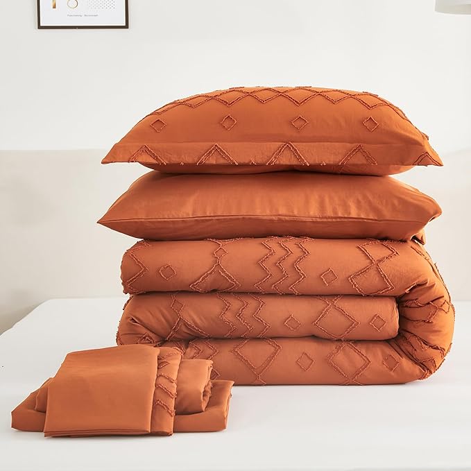 EMME Twin Comforter Set - 5 Pcs Pumpkin Boho Bedding Sets, Tufted Comforter with Sheets, Shabby Chic Embroidery Twin Size Bed Set Fluffy Bed Bag for All Season(68"X90")