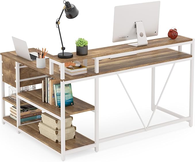 Reversible L-Shaped Computer Desk with hutch & Shelf,white