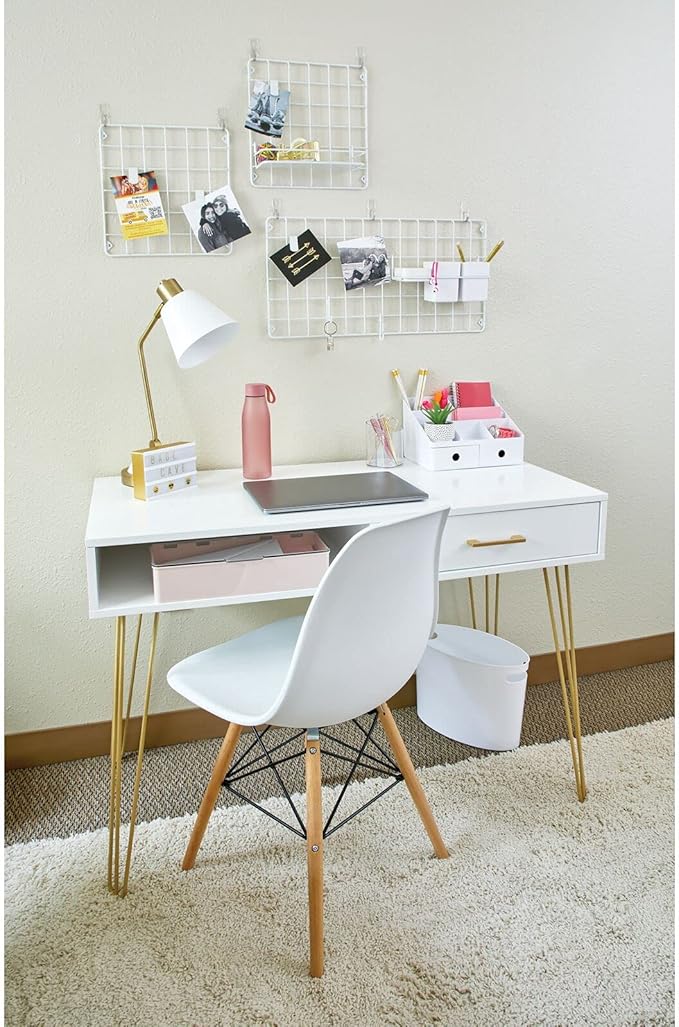 mDesign Metal/Wood Modern Computer Desk - Minimalist Desk and Computer Table with Drawer - Simple Desk with Storage Cubby and Hairpin Legs - Small Work Desk for Home Office, Study - White/Soft Brass