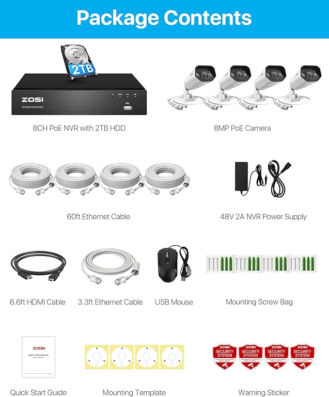 ZOSI 4K Spotlight PoE Security Camera System,8 Port 16CH 8MP NVR with 2TB HDD,4pcs 4K Outdoor Indoor PoE IP Cameras with 2 Way Audio and Siren,Night Vision,Person Vehicle Detection,for 24/7 Recording