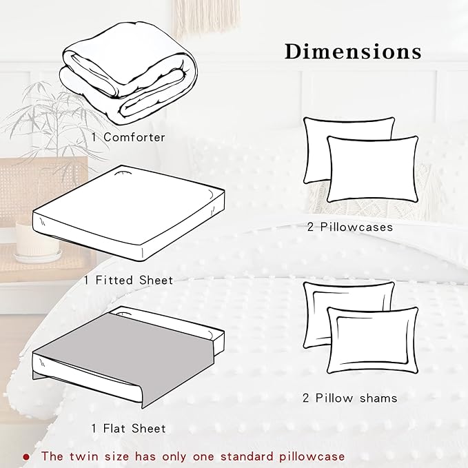 7 Pieces Tufted Dots Bed in a Bag King Comforter Set with Sheets White , Soft and Embroidery Shabby Chic Boho Comforters, Solid Color with Pom Pom Design, Jacquard Tufts Bedding Set for All Season
