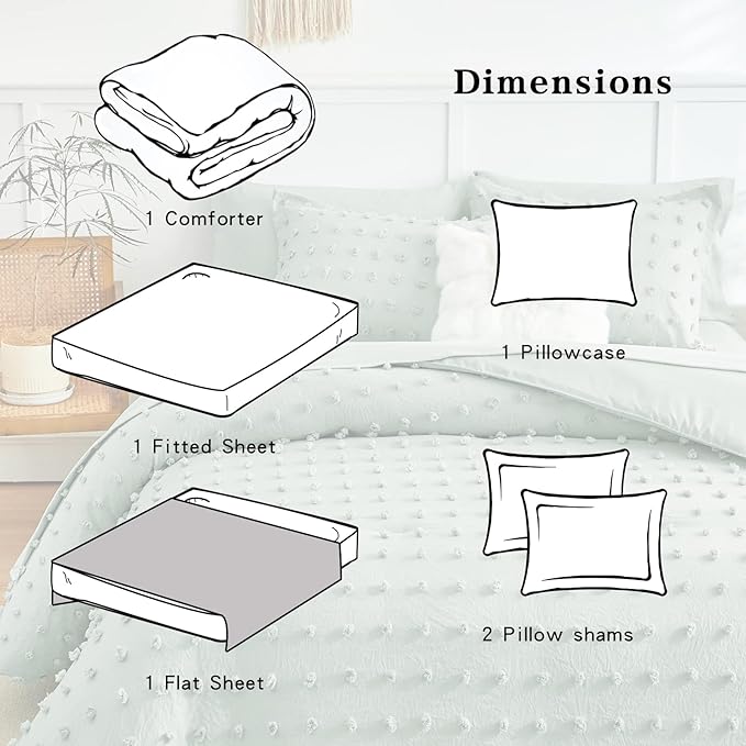 6 Pieces Tufted Dots Bed in a Bag Twin Comforter Set with Sheets Green , Soft and Embroidery Shabby Chic Boho Bohemian Comforters, Solid Color with Pom Pom Design, Jacquard Tufts Bedding Set for Kids