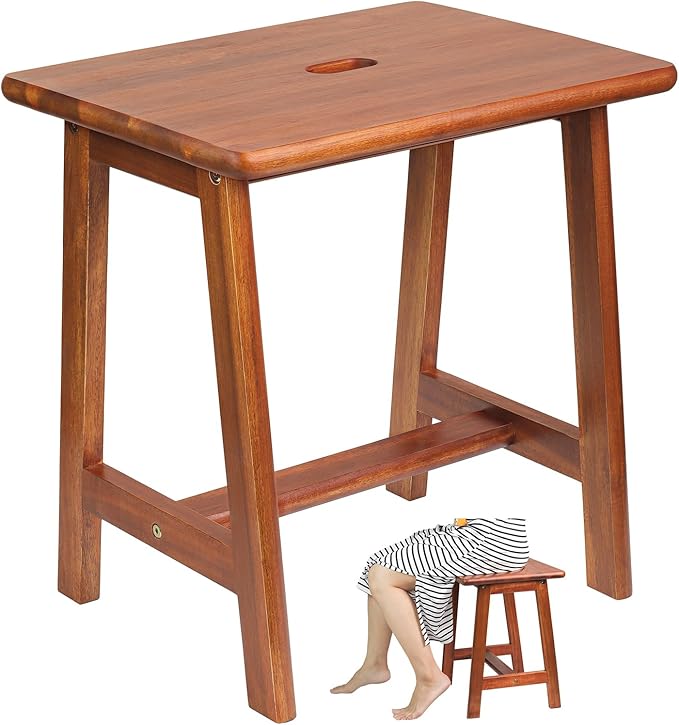 Rectangular Acacia Wood Stool (16.7"D x 13"W x 17.7"H) Small Bench Seat, Small End Table Stool, Bathroom Stool Wood, Plant Stool, Makeup Stool, Perfect Size for Living Room,Bathroom(Light Brown Color)