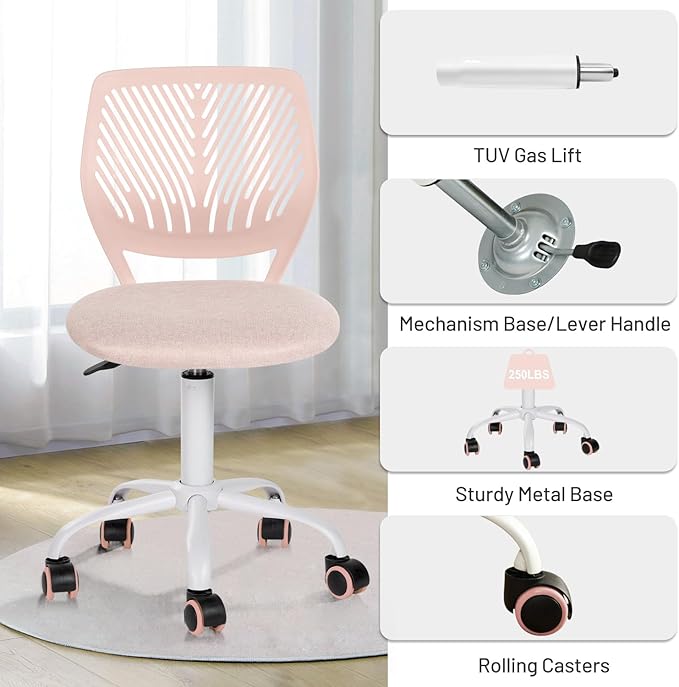 Desk Chair Small Armless, Comfy Home Office Chair with Fabric Seating Cushion and Plastic Low-Back, Adjustable Swivel Study Computer Task Chair for Student Children Kids with Rolling Wheels, Pink
