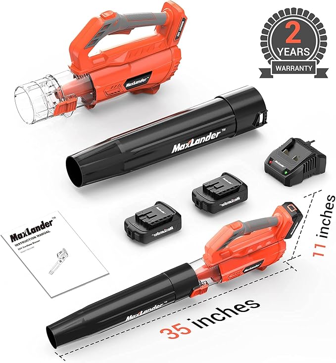 MAXLANDER Leaf Blower Cordless - 20V Electric Cordless Leaf Blower with 2 Batteries and Charger, 2.0Ah Battery Powered Leaf Blowers with 2 Speed Mode for Lawn Care, Blowing Leaves