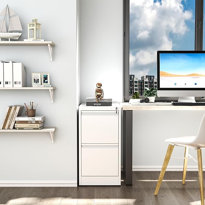 2 Drawer File Cabinet with Lock, Metal Vertical Filing Cabinets for Home Office, Steel Storage Cabinet for Hanging Legal/Letter Size Files, Assembly Required (White)