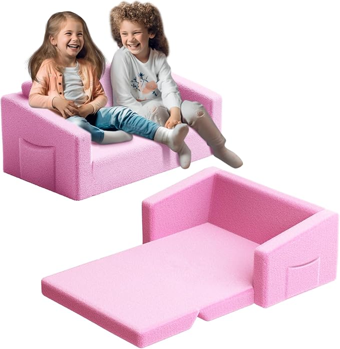 Extra Wide 2 Seater Kids Couch, 2-in-1 Toddler Chairs for Boys & Girls, Kids Sofa with Storage, Comfortable Mini Couch for Kids, Fun Kids Lounge Chair, Toddler Furniture,Children's Gifts(Pink)