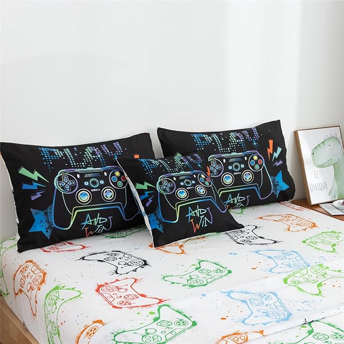 Meeting Story Gamer Gaming Bedding Sets Fluorescence Gamepad Comforter Set for Boys Games Console Action Buttons Novelty Colorful Modern Room Decor Home Quilt Set (Black, Twin6pcs)