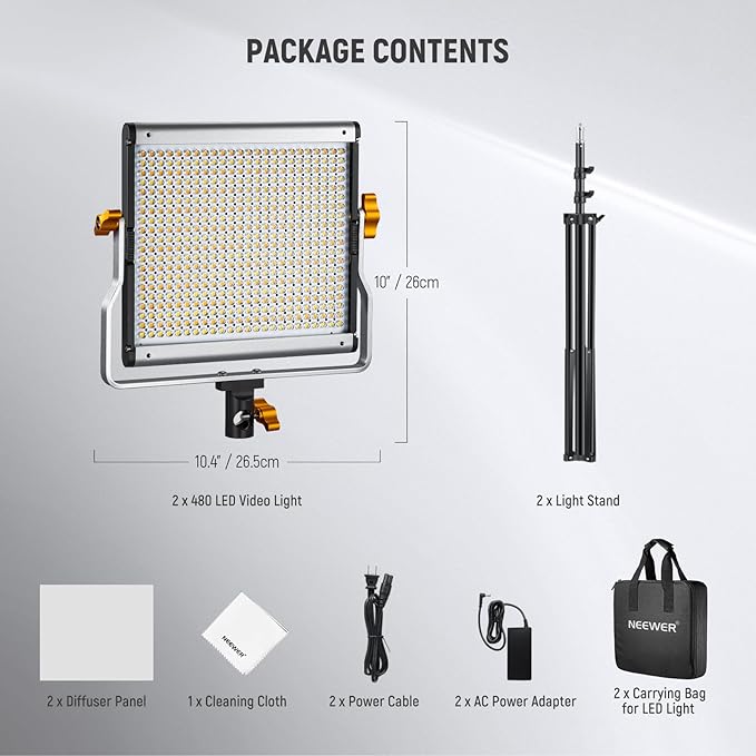 NEEWER 2 Pack Bi Color Dimmable 480 LED Video Light and Stand Kit, 28W 3200K-5600K CRI 96+ LED Panel with U Bracket, 75" Light Stand, Cleaning Cloth, Bag for YouTube Video Recording Studio Photography