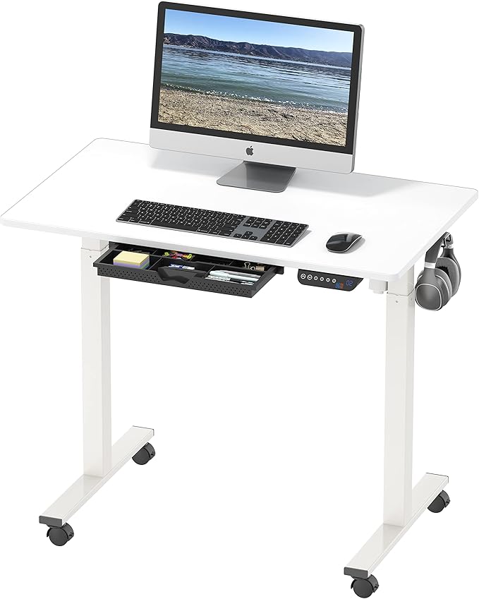 SHW Small Electric Height Adjustable Mobile Sit Stand Desk with Drawer, Hanging Hooks and Cable Management, 40 x 24 Inches, White