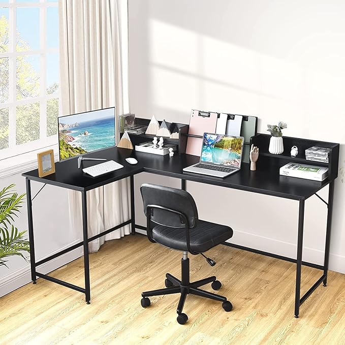 LUARANE 65.5 Inches L-Shaped Desk, Industrial Computer Desk with Hutch File Rack, Space Saving Corner Desk with Metal Frame, Computer Workstation for Home Office (Black)