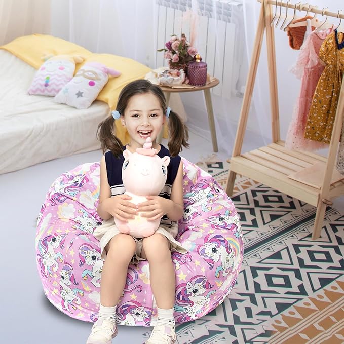 Stuffed Animal Storage Bean Bag Chair Cover, Hold Kids Plush Toys Blankets Towels Beanbag (Cover Only), Canvas Floor Circle Stuff Sit Seat Sofa with YKK Zipper, Large 32", Unicorn
