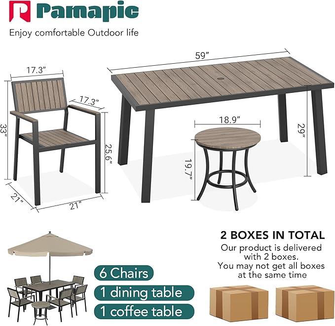 Pamapic 8-Piece Patio Dining Set,Outdoor Aluminum Furniture Set with Plastic-Wood Table Top,Outdoor Furniture Set with 6 Outdoor Stackable Chairs for Patio Garden Poolside (Black)