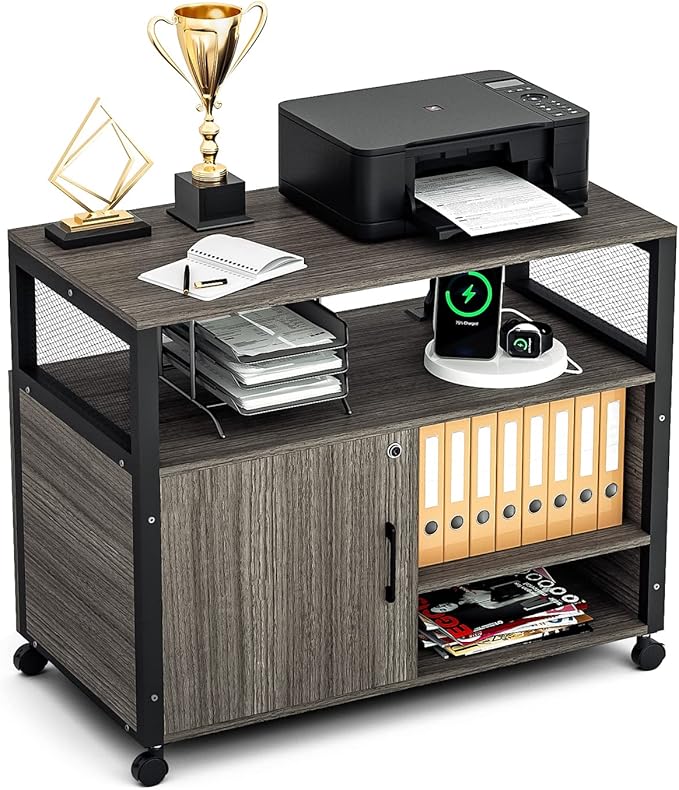 Lateral File Cabinets with Socket & USB Charging Station, Lockable Office File Cabinets Rolling Printer Stand with Open Storage Shelves for Home Office Organization & Storage
