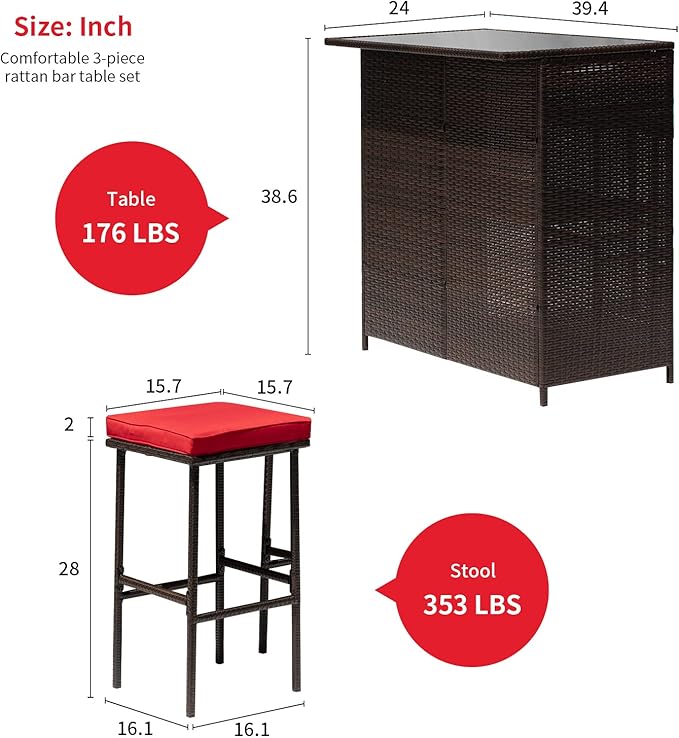 FDW Outdoor Furniture Set Wicker Bistro Set 3PCS Patio Bar Set with Two Stools for Patio Backyard Balcony,Red Cushion