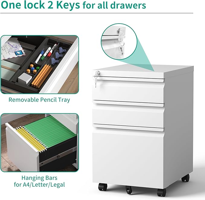 3 Drawers Mobile File Cabinet, Rolling File Cabinet Fully Assembled Under Desk, Metal Filing Cabinet with Lock for Home Office Organizer Letters/Legal/A4 (White)