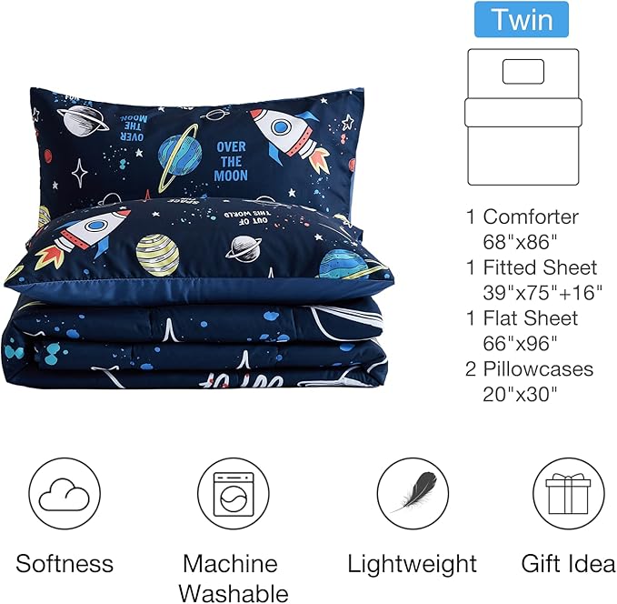 beeweed 5 Piece Kid Comforter Set Twin Size, Space Rocket Bedding Set for Teen Boys Girls