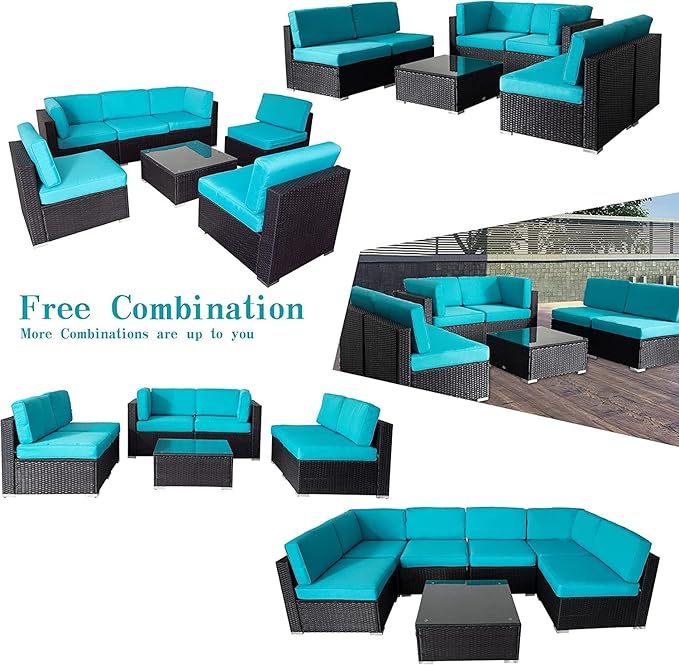 ClawsCover 14Pack Outdoor Seat and Back Cushions Replacement Covers Fit for 7Pieces 6-Seater Wicker Rattan Patio Furniture Set Sectional Couch Chair,Turquoise-Include Cover Only (Small)