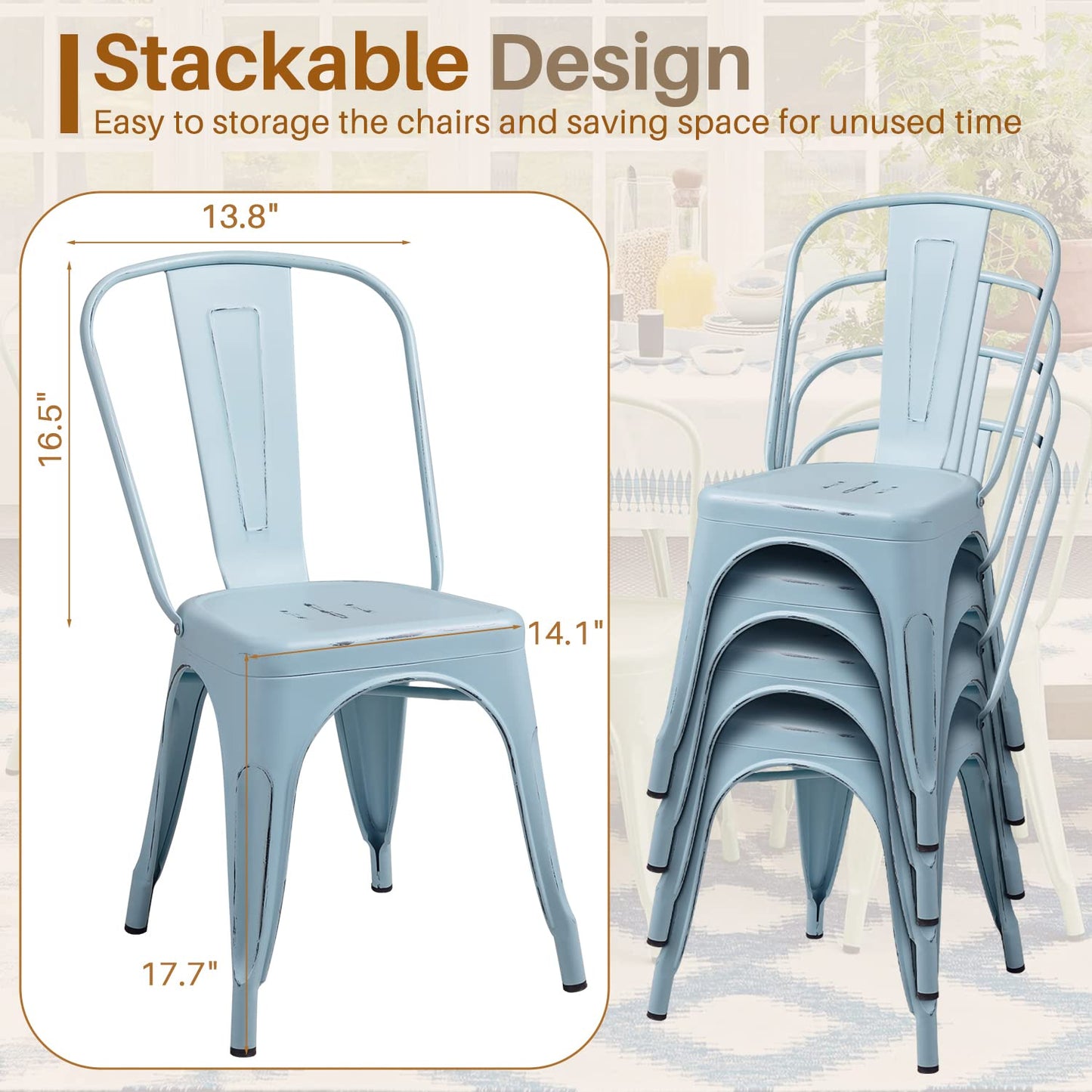 Furmax Metal Dining Chair Indoor Outdoor Use Stackable Chic Side Classic Trattoria Metal Chairs Set of 4 for Kitchen, Dining Room, Bistro and Cafe (Distressed White)