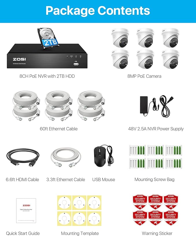ZOSI 4K 8CH Spotlight PoE Security Camera System,6pcs 4K Wired Indoor Outdoor PoE IP Cameras with 2 Way Audio,Night Vision,Human Detection,Smart Light Alarm,8CH 8MP NVR with 2TB HDD for 24/7 Record