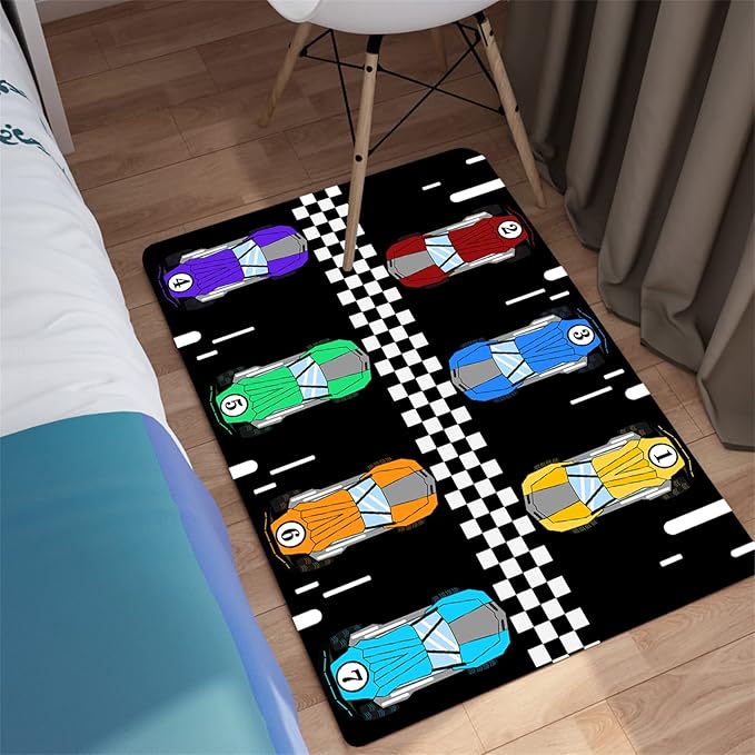 Race Car Rug Kids Play Area Rugs Race Car Track Rug Kids Rug with Roads and Tracks Car Track Carpet Car Rug for Boys Room Race Car Room Decor for Boys,Black 2'×3'