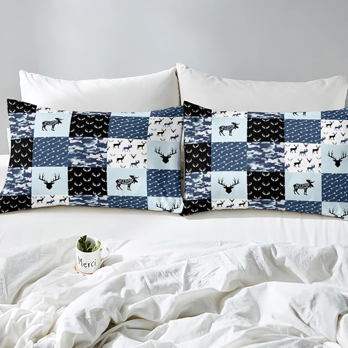 Cute Deer Comforter Set Queen, Military Camo Bedding Set for Kids Boys Teens Bedroom Tribal Animal Antlers Silhouette Quilted Comforter Checkered Plaid Arrows Bedding Comforters, Army Blue and White