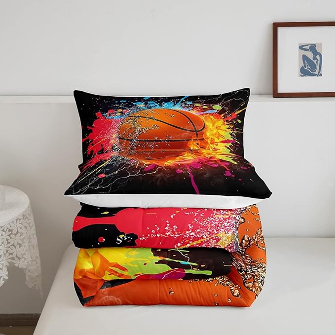 Teen Boys Basketball Bedding Set Twin Kids Sports Comforter Sets Soft Lightweight Bedroom Dorm Decor,Red Blue Fire And Water Lightning Ball Duvet Insert,Colorful Grunge Tie Dye Quilt Bedding 2 Pcs