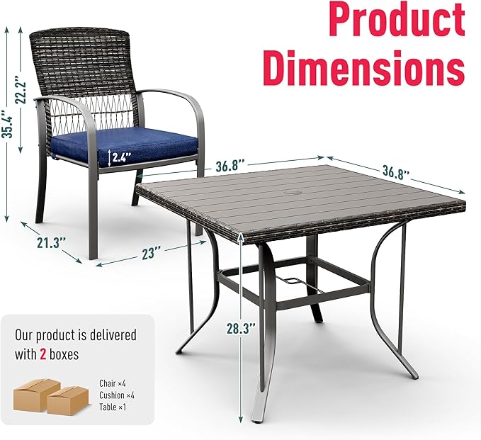 Pamapic Patio Table and Chairs Set, All-Weather Rattan Outdoor Table and Chairs with Removable Waterproof Cushions, Plastic-Wood Patio Dining Set for 4 with Umbrella Hole(Blue)