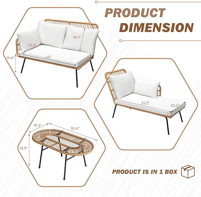 Greesum Outdoor Rope Woven Patio Furniture L-Shaped Conversation Sectional Sofa Set Detachable Lounger for Backyard Porch with Thick Cushions & Long Table, White