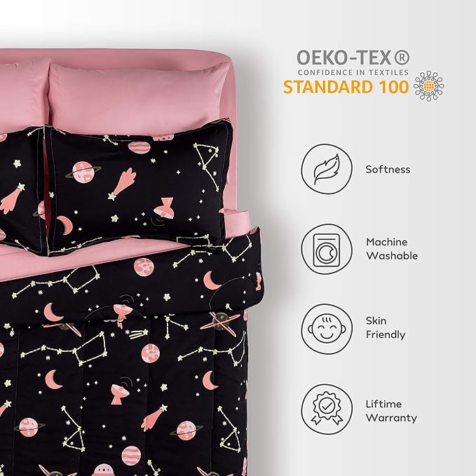 SLEEP ZONE Kids Bedding Comforter Set Full/Queen Size - Super Soft & Cute Printed 3-Piece Comforter Set All Seasons for Boys, Girls, Fade Resistant, Machine Washable, Pink Galaxy