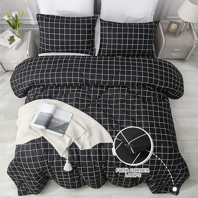 Andency Black Grid Comforter Set Full Size (79x90 Inch), 3 Pieces(1 Grid Comforter and 2 Pillowcases), Summer Lightweight Microfiber Down Alternative Black Comforter with White Lines