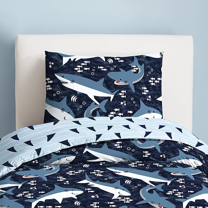 Dream Factory Sharks Boys Twin Size Boys Bedding Set Cotton Kids Comforter Set with Sham, 2 Piece, Twin, Navy