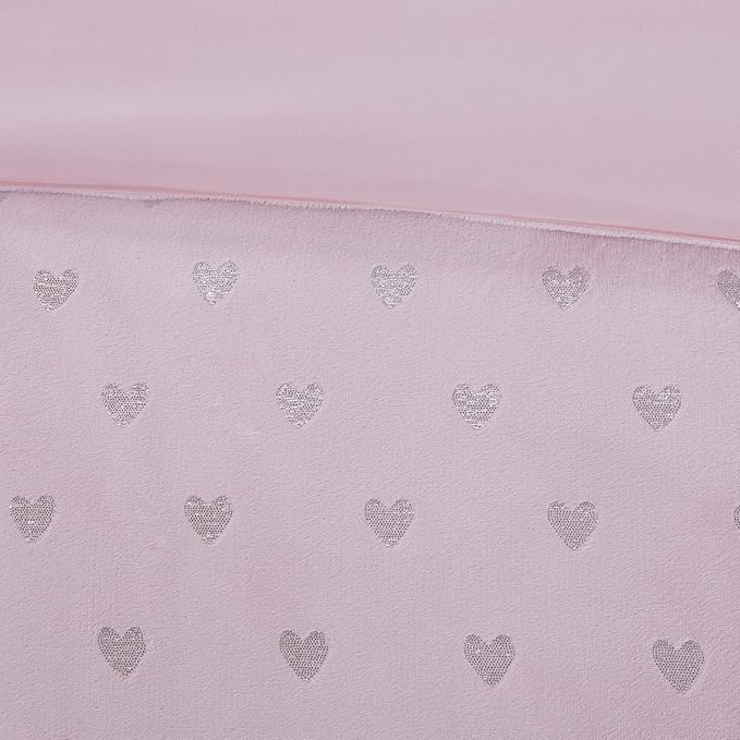 Mi Zone Rosalie Comforter Set for Girls, Ultra-Soft Microlight Plush Metallic Printed Hearts Brushed Reverse Overfilled Down Alternative Hypoallergenic All Season, , Full/Queen, Pink/Silver, 4 Piece